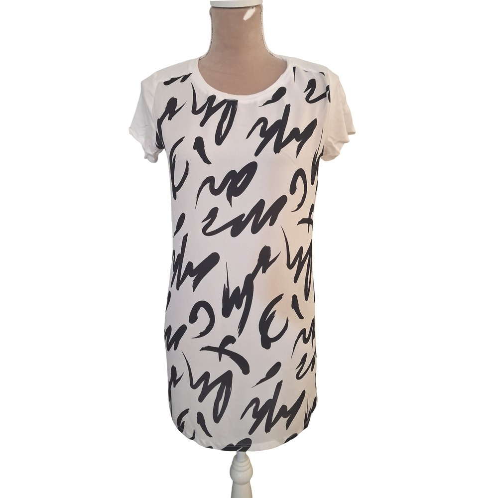 INC International Concepts Women Medium White Black Abstract Print T-Shirt Dress
